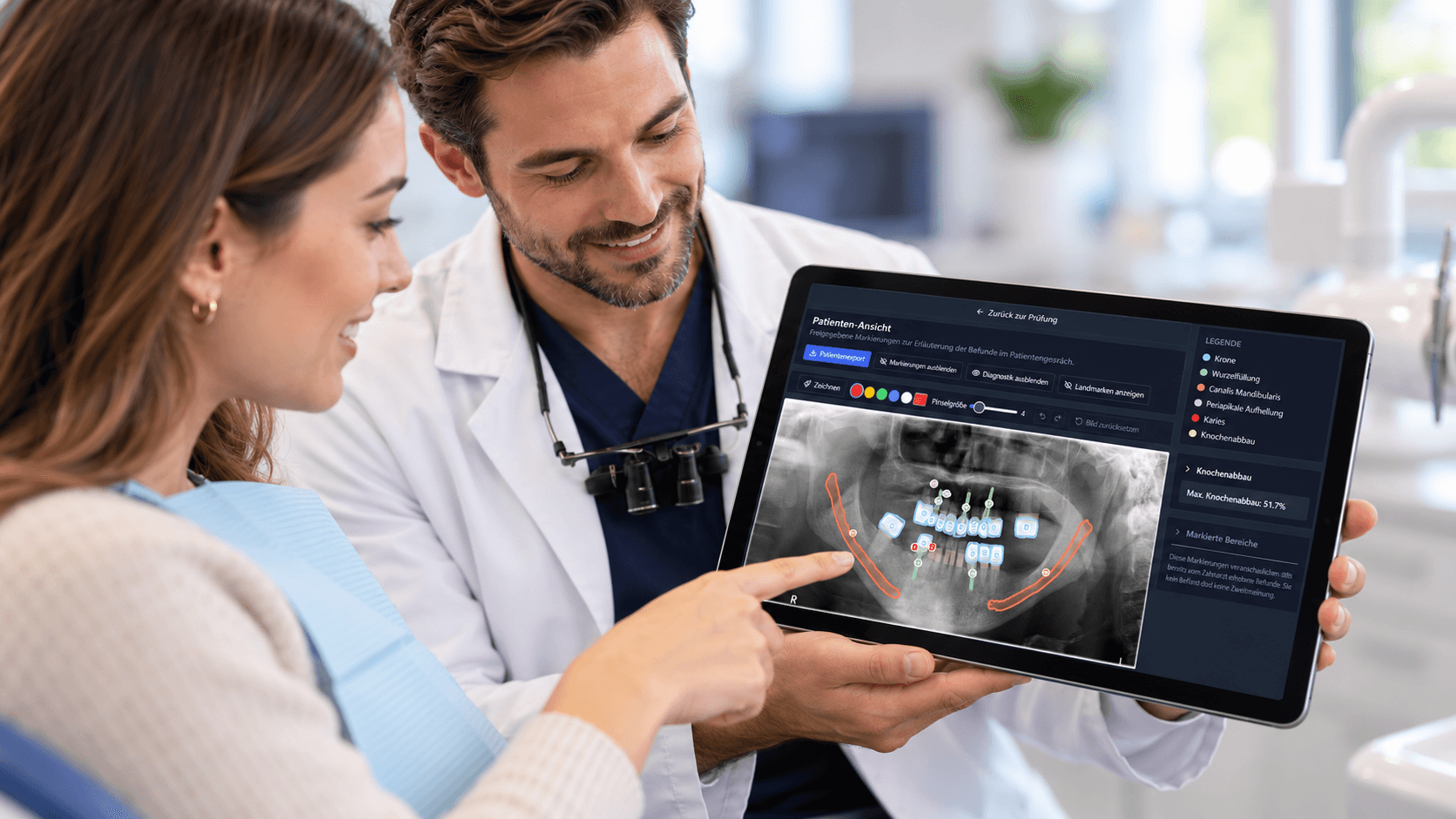 A dentist explains reviewed findings in Dentini X-Ray's patient view on a tablet while a patient points at the radiograph.